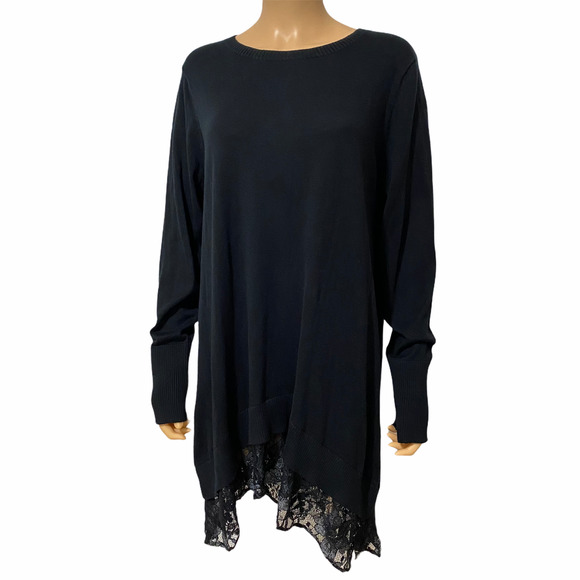 LOGO Lori Goldstein Top Cotton Cashmere Lace Trim